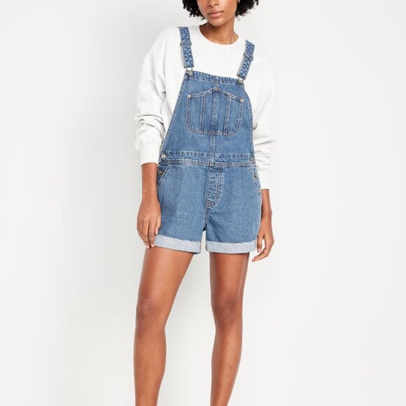 ON NWT Slouchy Denim Jean Cut-Off Shortalls Overalls -- 3.5-inch inseam - Picture 1 of 7